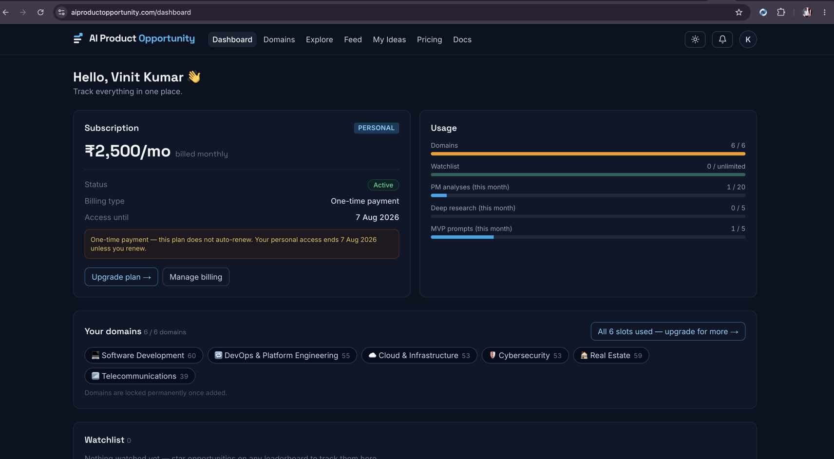 AI Product Opportunity — member dashboard screenshot