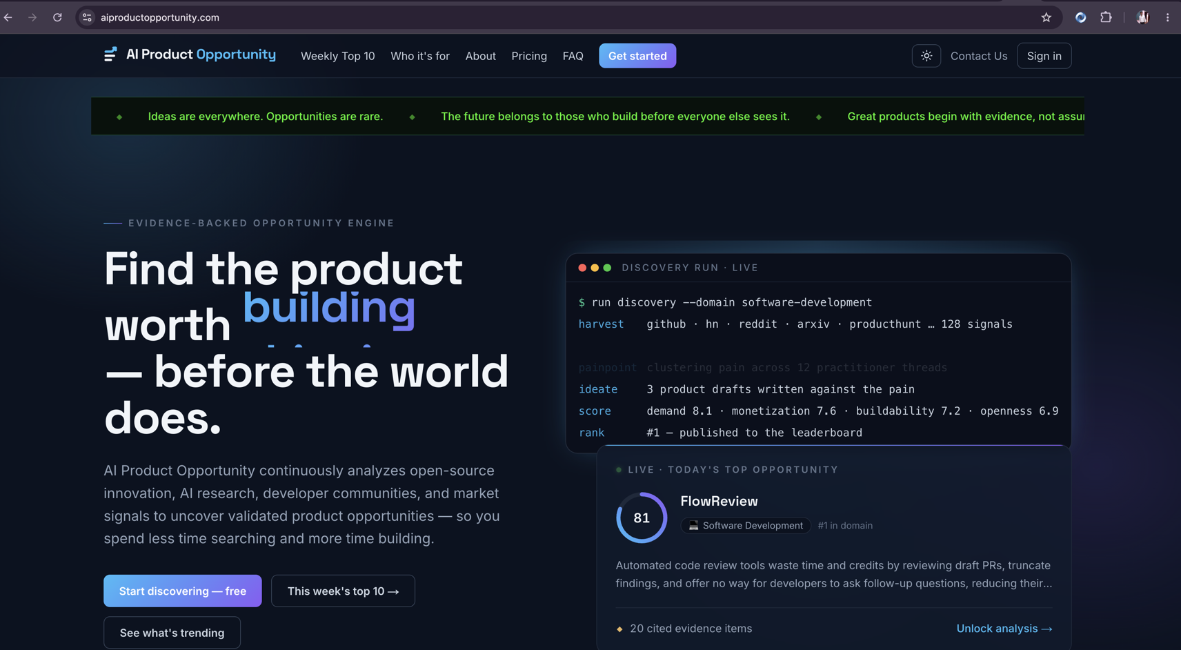AI Product Opportunity — homepage screenshot